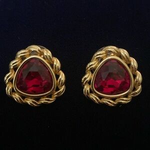 Swarovski Earrings Pierced Red Crystal Triangle Gold Tone Stud